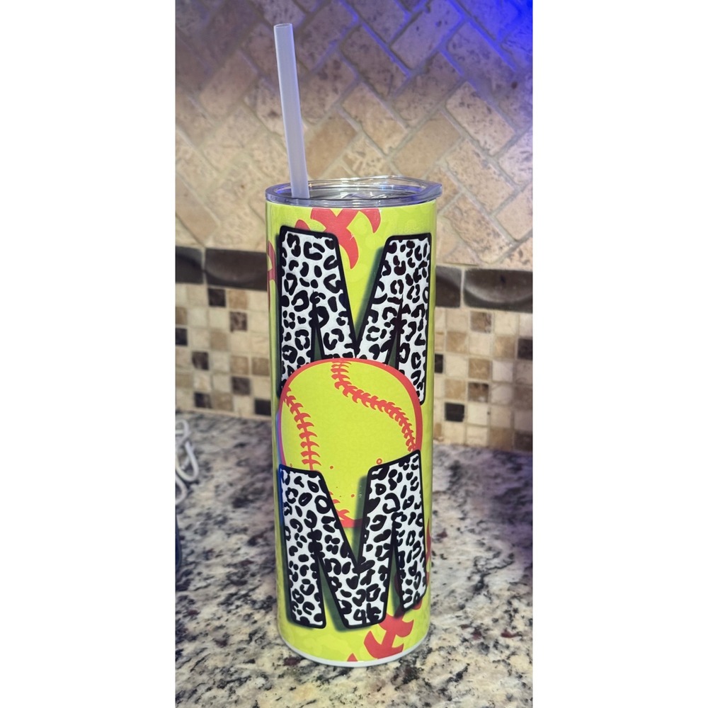 Softball Mom Skinny Tumbler Neon Yellow Leopard Print Travel Cup with Lid Straw